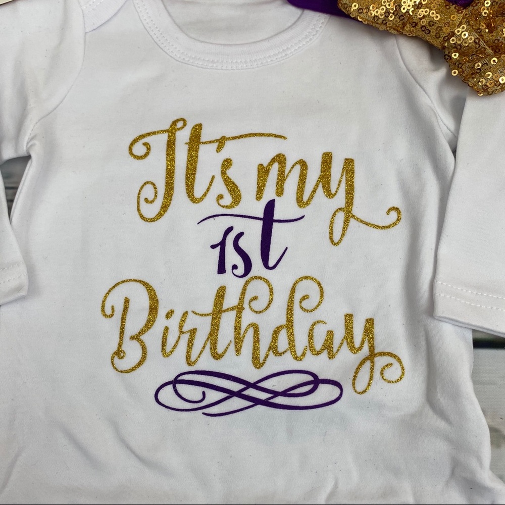 1st Birthday Outfit Matching Onesie Purple Tulle Skirt and Headband - Picture 7 of 14